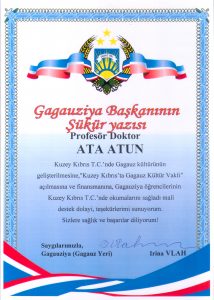 Ata Atun'a Gagauziya Başkanı tarafından verilen Şükür Yazısı
